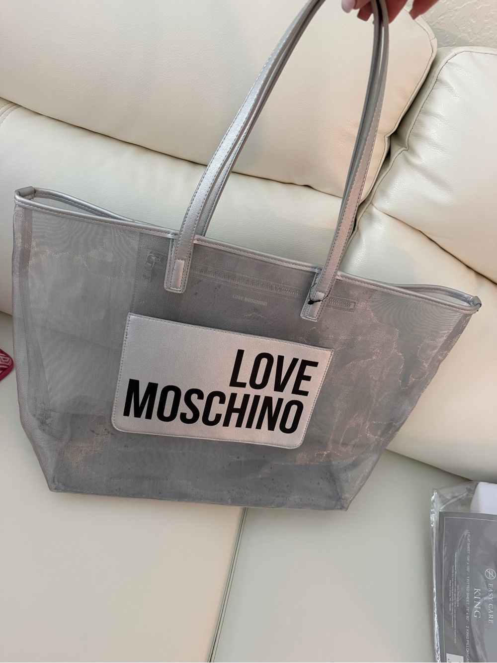 Love Moschino Silver Mesh Tote with Branded Patch